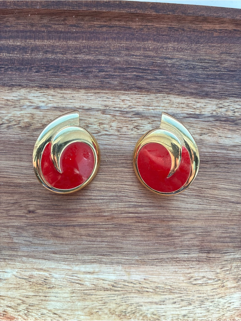 Vintage Monet Red Enamel Gold Tone Swirl Clip-On Earrings